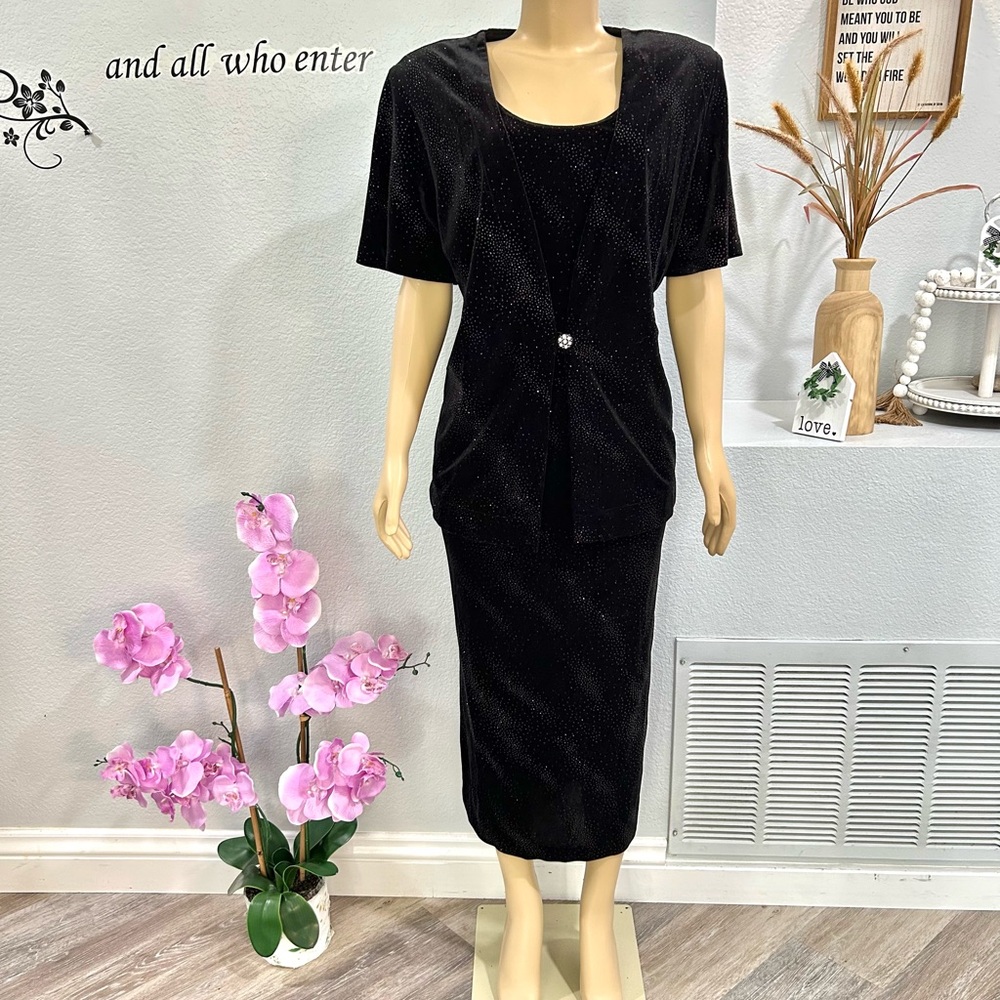 Another Thyme Black Glitter Cocktail Dress Size 18W Sequined Cardigan Blazer EUC
